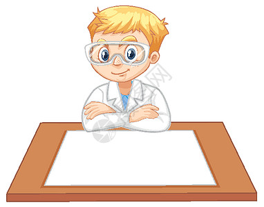 一个穿着科学家袍的男孩 桌上放着空纸科学家男人实验桌子实验室少年男生学生青年卡通片图片