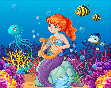 海洋背景上的一组海洋动物和美人鱼卡通人物插图生物想像力爬虫环境珊瑚海蜇女孩女性绘画图片