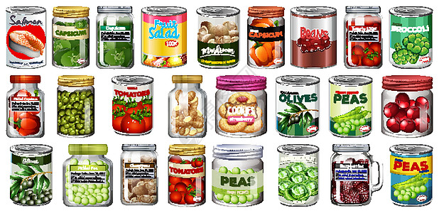 一组不同的罐头食品和罐装食品隔离杂货店蔬菜卡通片火腿铝罐营养包装收藏玉米面条图片