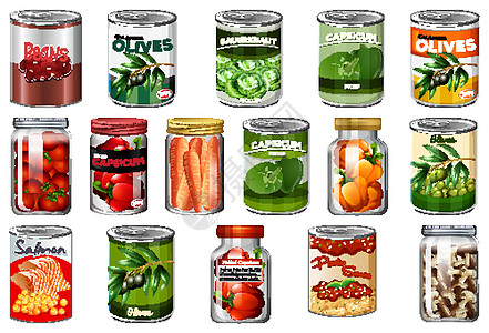一组不同的罐头食品和罐装食品隔离插图产品营养卡通片收藏烹饪菠萝面条玉米艺术图片