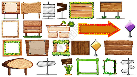 各种类型的标志旗帜一套收藏空白木头卡通片艺术广告牌夹子团体植物插图图片