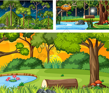 卡通风格中的不同自然水平场景橙子日落森林太阳卡通片月亮横幅剪贴绘画辉光图片