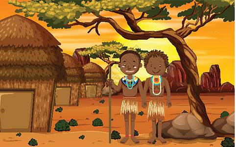 草原部落自然背景中穿着传统服装的非洲部落民族房子女孩男性衣服女性戏服环境文化孩子青年插画
