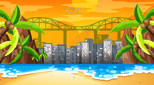 日落时的热带海滩景观场景与城市景观背景图片