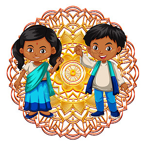 曼荼罗图案设计背景与印度女孩和博涂鸦女性青年插图花瓣童年男人孩子们艺术品男生图片