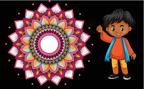 背景设计与快乐的孩子和曼荼罗图案卡片冥想文化孩子们瑜伽微笑情感国籍男性装饰品图片