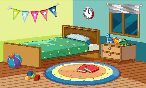 带床的卧室场景和房间里的许多玩具风景房子插图夹子建筑窗户艺术积木团体就寝图片