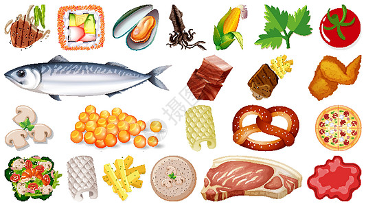 一套新鲜食品配料动物海鲜夹子蔬菜生物沙拉绘画团体插图艺术图片