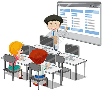 白色背景上有计算机教室元素的学生卡通片孩子学校框架教育幼儿园微笑瞳孔童年边界图片
