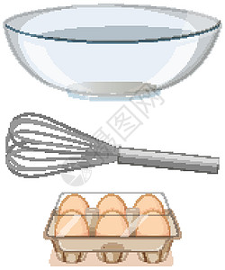 白色背景上带大碗和纸蛋盘的烘焙工具金属搅拌器图片