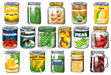 一组不同的罐头食品和罐装食品隔离包装团体烹饪菠萝卡通片火腿收藏艺术水果面条图片