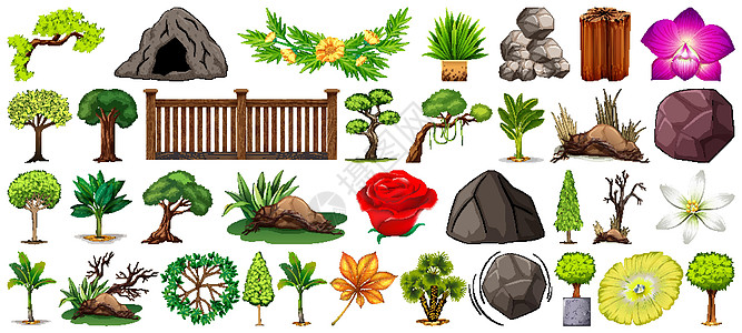 白色背景上孤立的一组不同性质风格场景树叶艺术插图卡通片收藏木材团体花瓣图片