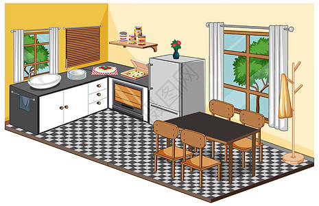 餐厅内部配有现代风格的家具厨房架子冰箱黄色房间绘画建筑卡通片住宅等距图片