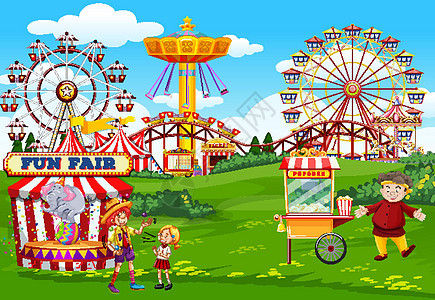 有马戏团和爆米花车主题场景的游乐园图片