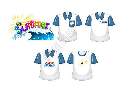 夏季字体标志设计的衬衫与一套不同的衬衫隔离在白色背景卡通片短袖标识孩子孩子们天气措辞字母小样插图图片