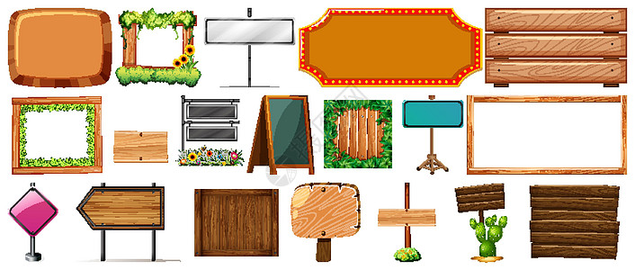 各种类型的标志旗帜一套收藏夹子卡通片插图艺术植物木头团体指示牌框架图片