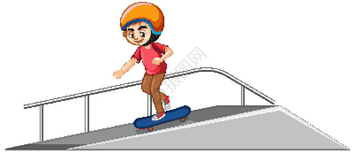 戴头盔的男孩在白色背景的斜坡上玩滑板图片