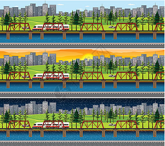 不同时间的城市景观夹子辉光天空日落风景火车土地日出卡通片场景背景图片