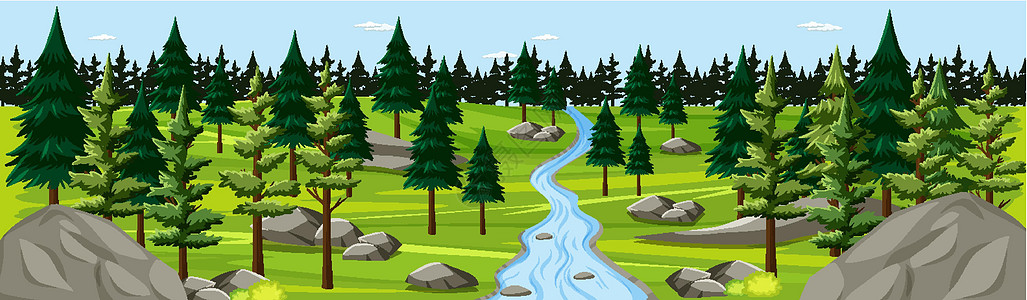 有河风景全景scen的自然公园绘画岩石环境卵石公园石头森林天空场地卡通片图片