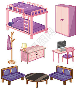 白色背景上孤立的卧室家具对象夹子粉色枕头紫色卡通片房子艺术绘画沙发衣柜图片