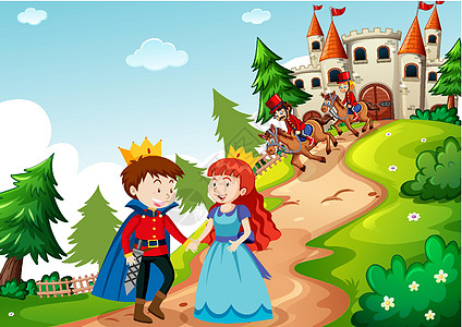 王子和公主在城堡的场景建筑森林生物插图堡垒植物环境想像力卡通片艺术图片