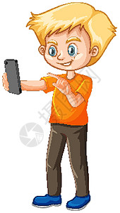 穿着橙色衬衫的男孩使用白色背景中突显的智能手机卡通人物图片