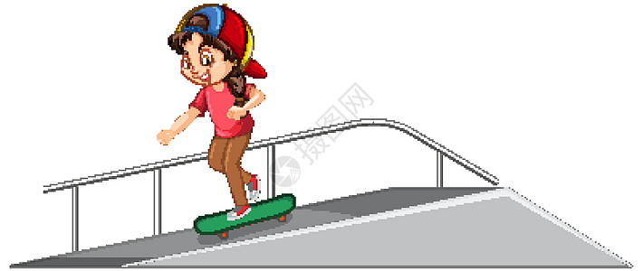 在白色背景的斜坡上玩滑板的女孩图片