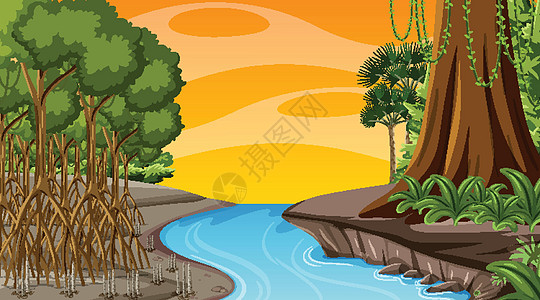卡通风格中日落时分红树林的自然场景图片