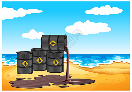 黑色油桶与原油标志溢油在地板上隔离在海滩背景图片