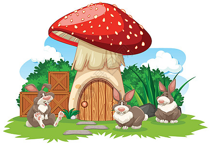 白色背景上三兔卡通风格的蘑菇屋图片