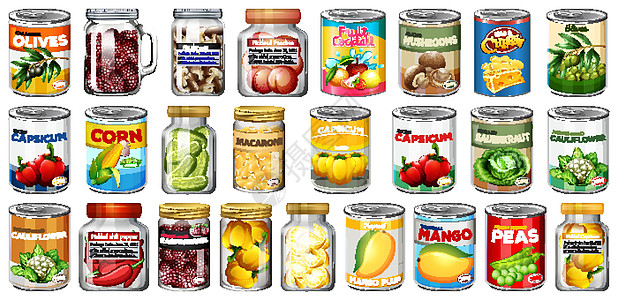 一组不同的罐头食品和罐装食品隔离菠萝收藏贮存包装艺术面条烹饪蔬菜插图卡通片图片