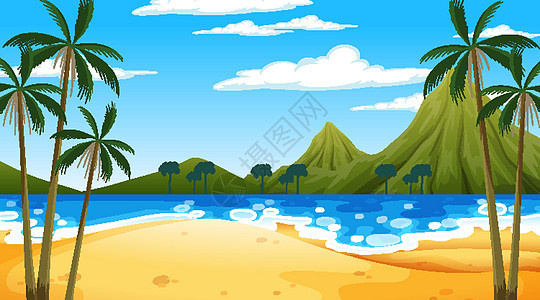 热带海滩场景与山背景在一天蒂姆图片