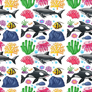 无缝背景设计与海洋生物植物动物气泡鲨鱼液体野生动物海蜇生物团体包装图片