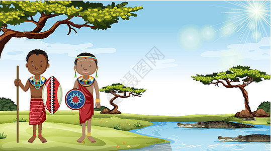 自然背景中穿着传统服装的非洲部落民族环境插图女孩鳄鱼卡通片孩子青年生物衣服村庄图片