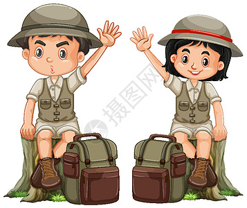 男孩和女孩在 safari 装在白色背景上微笑学生插图探索情感女士卡通片男生男孩们衣服图片