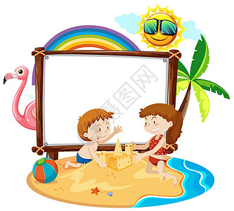 夏季海滩主题与空横幅隔离在白色背景圆圈艺术插图木头边界孩子天气广告季节陷害图片