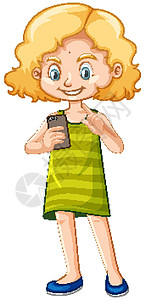 穿绿色衬衫的女孩使用智能手机卡通人物隔离在白色背景图片