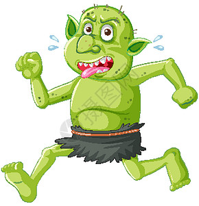 绿色妖精或巨魔在卡通人物孤立中以滑稽的面孔奔跑慢跑情感绘画夹子漫画卡通片跑步异国怪物兽人图片