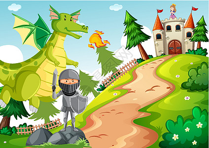 童话土地场景中的龙骑士孩子民间生物故事王国王子城堡骑士卡通片建筑图片