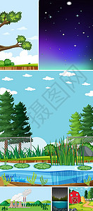 自然环境卡通风格中的六个不同场景插图操场面具团体谷仓农场观光土地木材季节背景图片