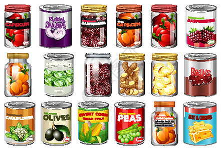 一组不同的罐头食品和罐装食品隔离团体包装铝罐水果收藏玉米菠萝卡通片面条蔬菜图片