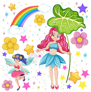 白色背景上的一组童话奇幻卡通人物夹子植物小说彩虹地精星星花瓣想像力艺术公主图片