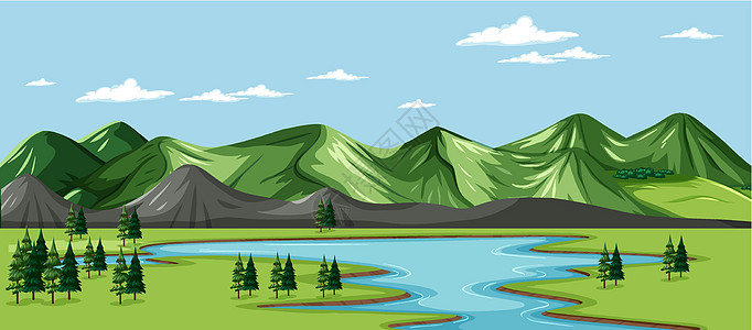 绿色自然景观背景石头荒野草地卵石天空树叶植物岩石溪流卡通片图片