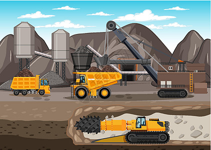 煤矿开采景观与地下场景挖掘机环境绘画起重机运输石头夹子木炭岩石车辆图片