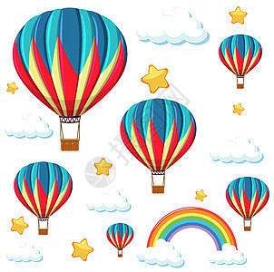 有彩虹和星星图案的无缝彩色气球绘画冒险气体篮子天空卡通片夹子环境插图旅行背景图片