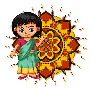 曼陀罗图案设计背景与印度女孩微笑瑜伽花瓣宗教青年卡通片艺术品情感卡片圆圈孩子们图片