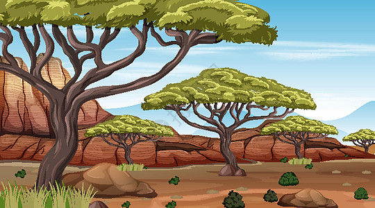 非洲大草原森林景观场景在白天自然卡通片夹子风景艺术草原丛林国家干旱剪贴图片