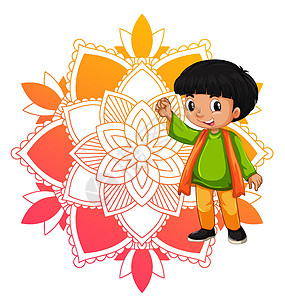 曼陀罗图案设计背景与印度男孩微笑时代涂鸦瞳孔动机卡片卡通片男孩们瑜伽花瓣学生图片