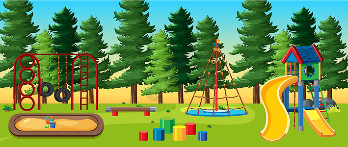 白天卡通风格的公园里有许多松树的儿童游乐场图片