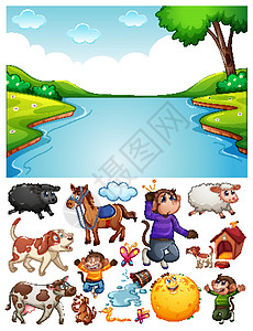 具有孤立卡通人物和物体的空白河景灵长类行动环境孩子森林犬类农场农业动物群毛皮图片